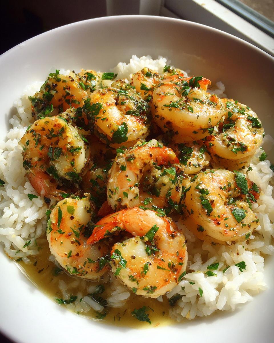 A close-up of a Garlic Butter Shrimp Rice Bowl, featuring juicy shrimp with herbs over a bed of white rice.