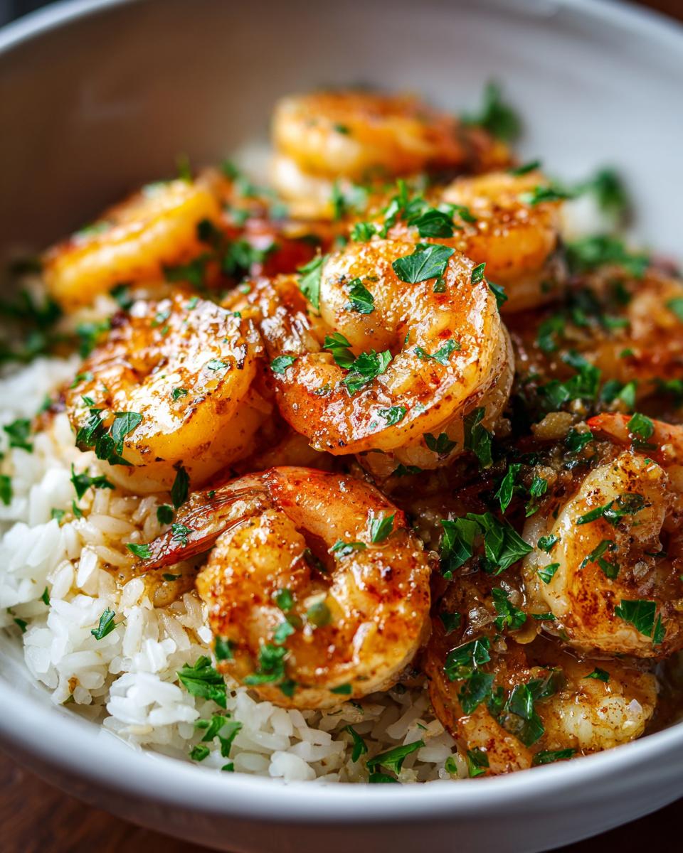 Close-up of a Garlic Butter Shrimp Rice Bowl, featuring juicy shrimp and fresh parsley.