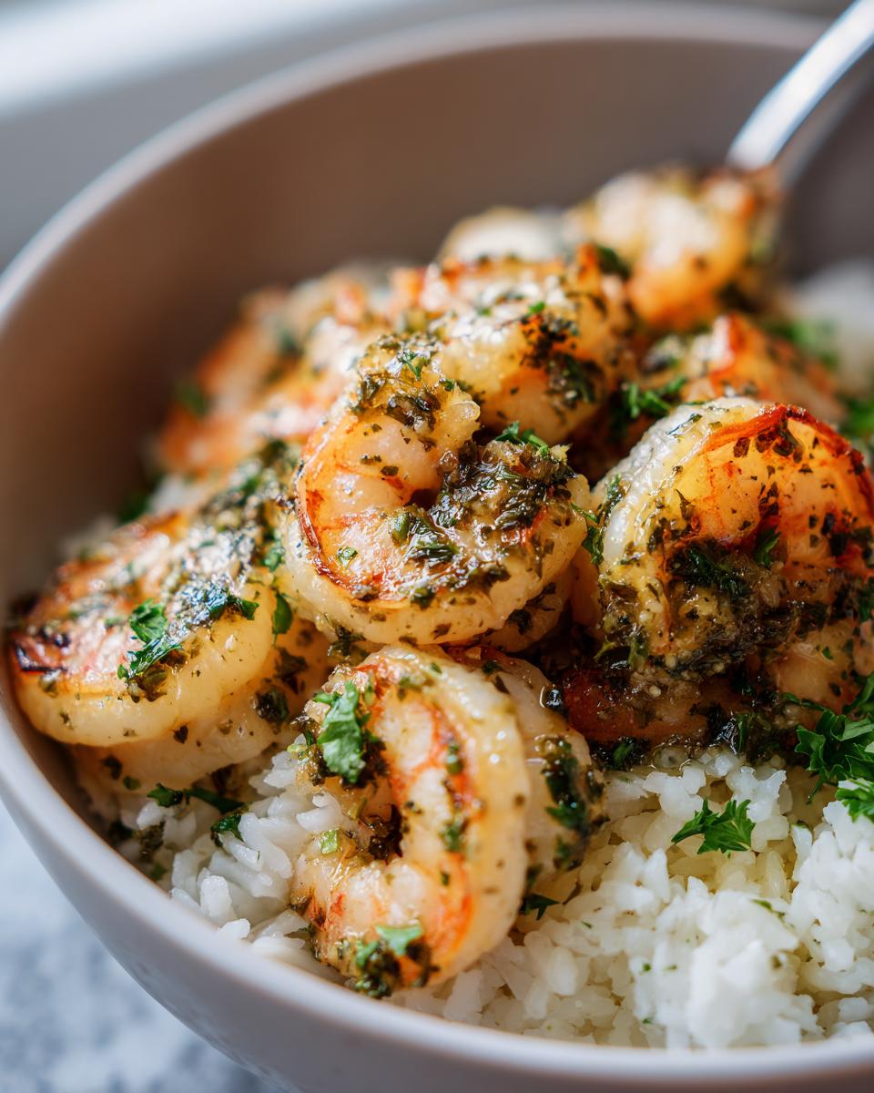Close-up of a Garlic Butter Shrimp Rice Bowl, featuring juicy shrimp coated in garlic butter sauce and fresh parsley.