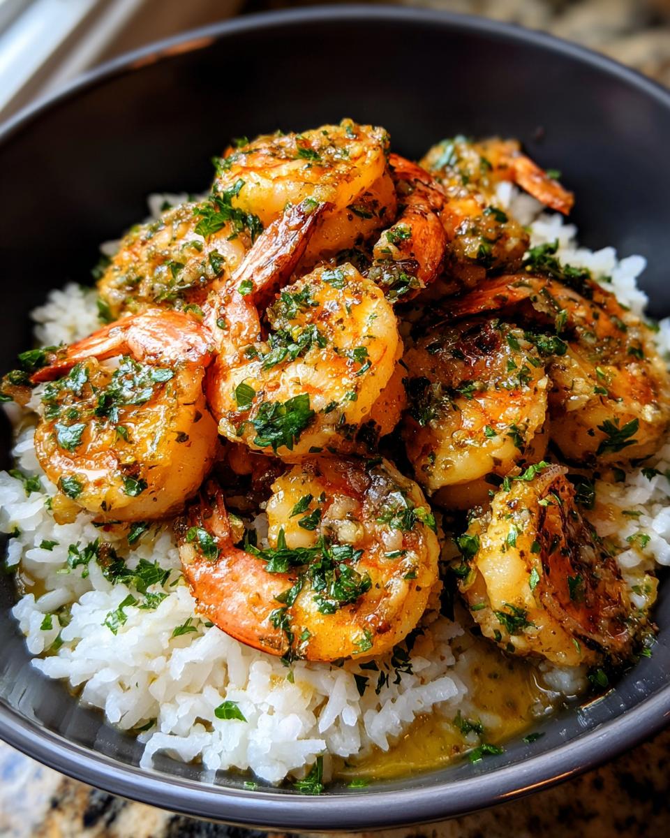 Close-up of a Garlic Butter Shrimp Rice Bowl, featuring juicy shrimp with garlic butter sauce and fresh parsley.