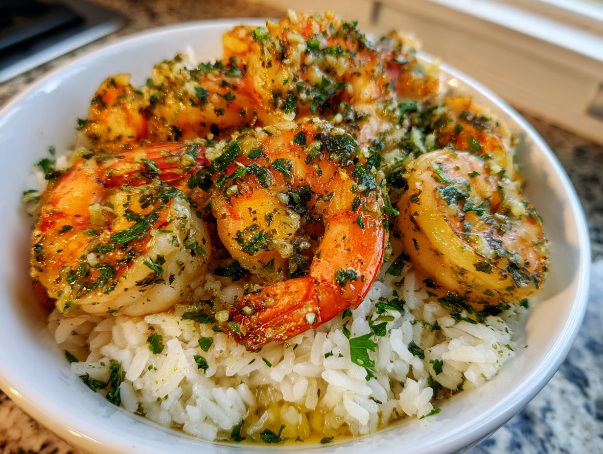 Close-up of a Garlic Butter Shrimp Rice Bowl, featuring plump shrimp coated in garlic butter and herbs, served over white rice.