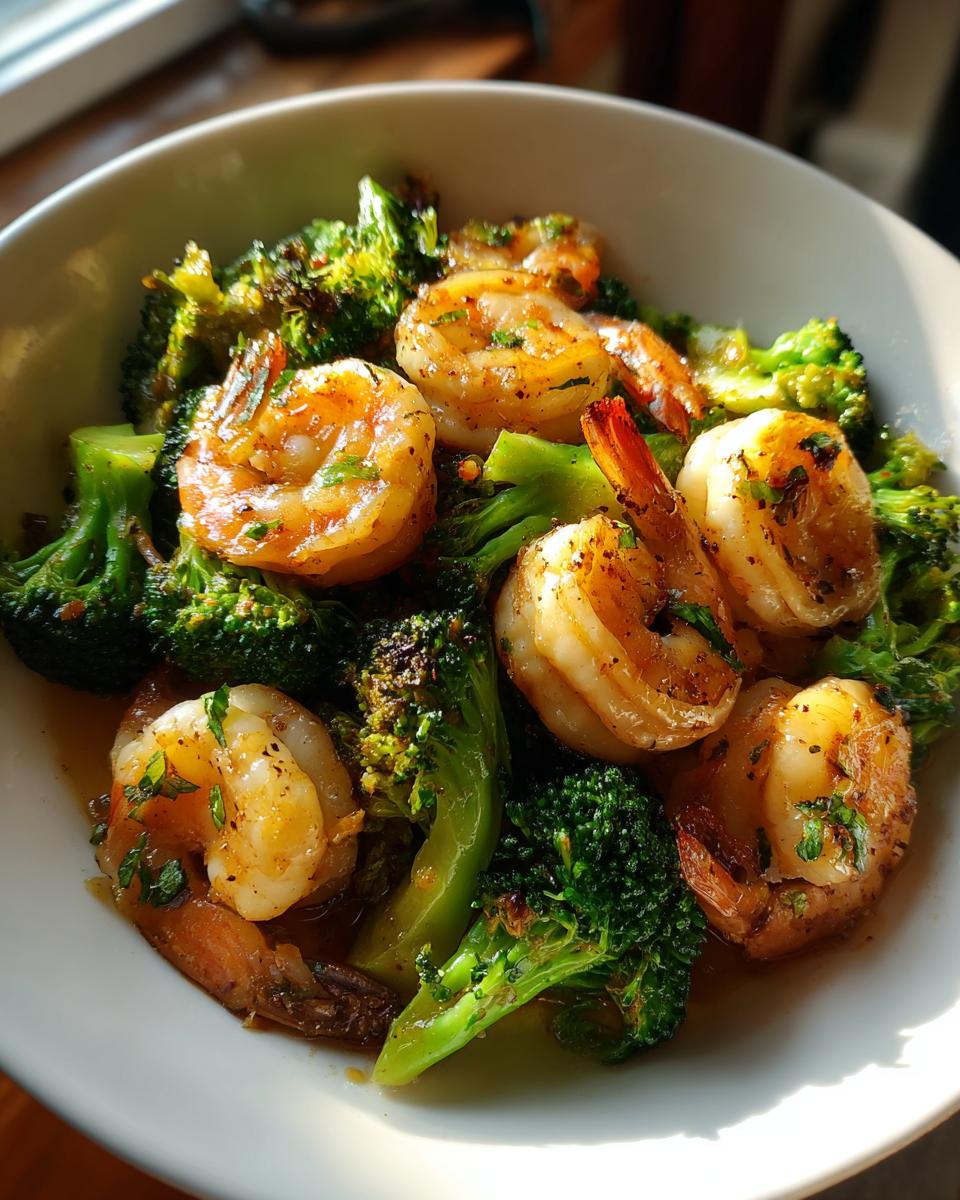 Bowl of Garlic Shrimp with Broccoli, featuring plump shrimp and vibrant green broccoli florets.