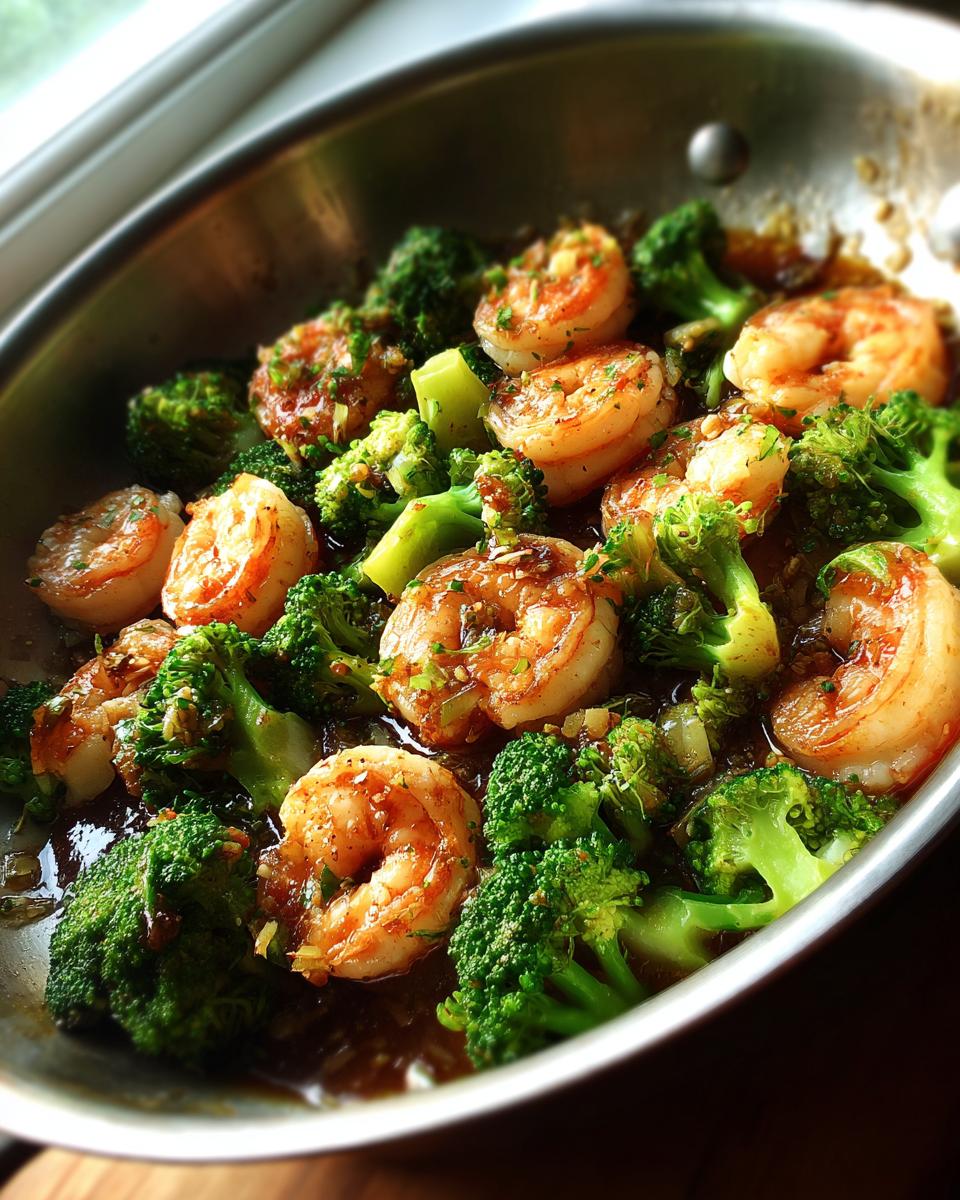Close-up of Garlic Shrimp with Broccoli in a skillet, showcasing the vibrant colors and textures.
