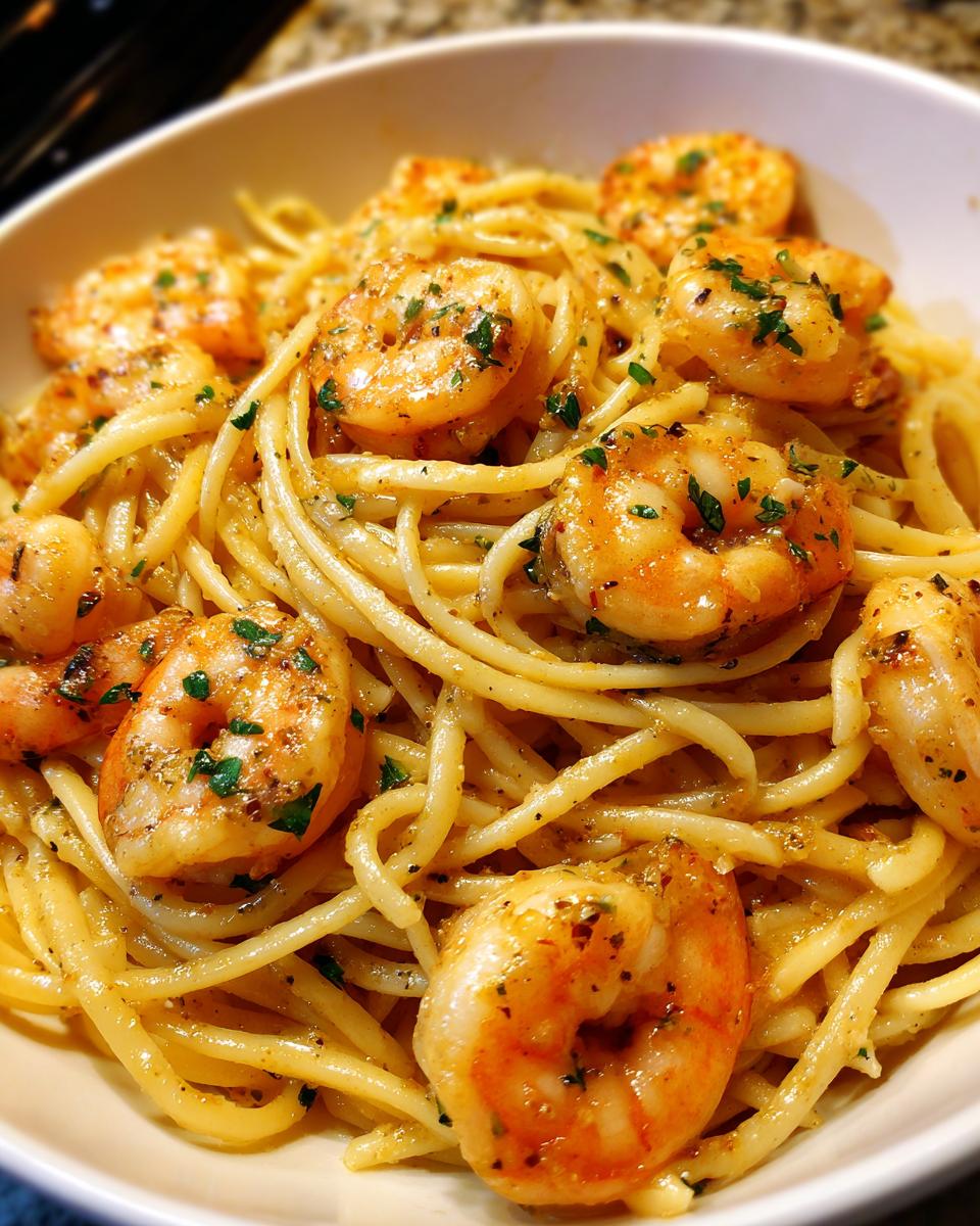 Close-up of a bowl of Garlic Shrimp Pasta, featuring perfectly cooked shrimp and linguine, garnished with fresh herbs.