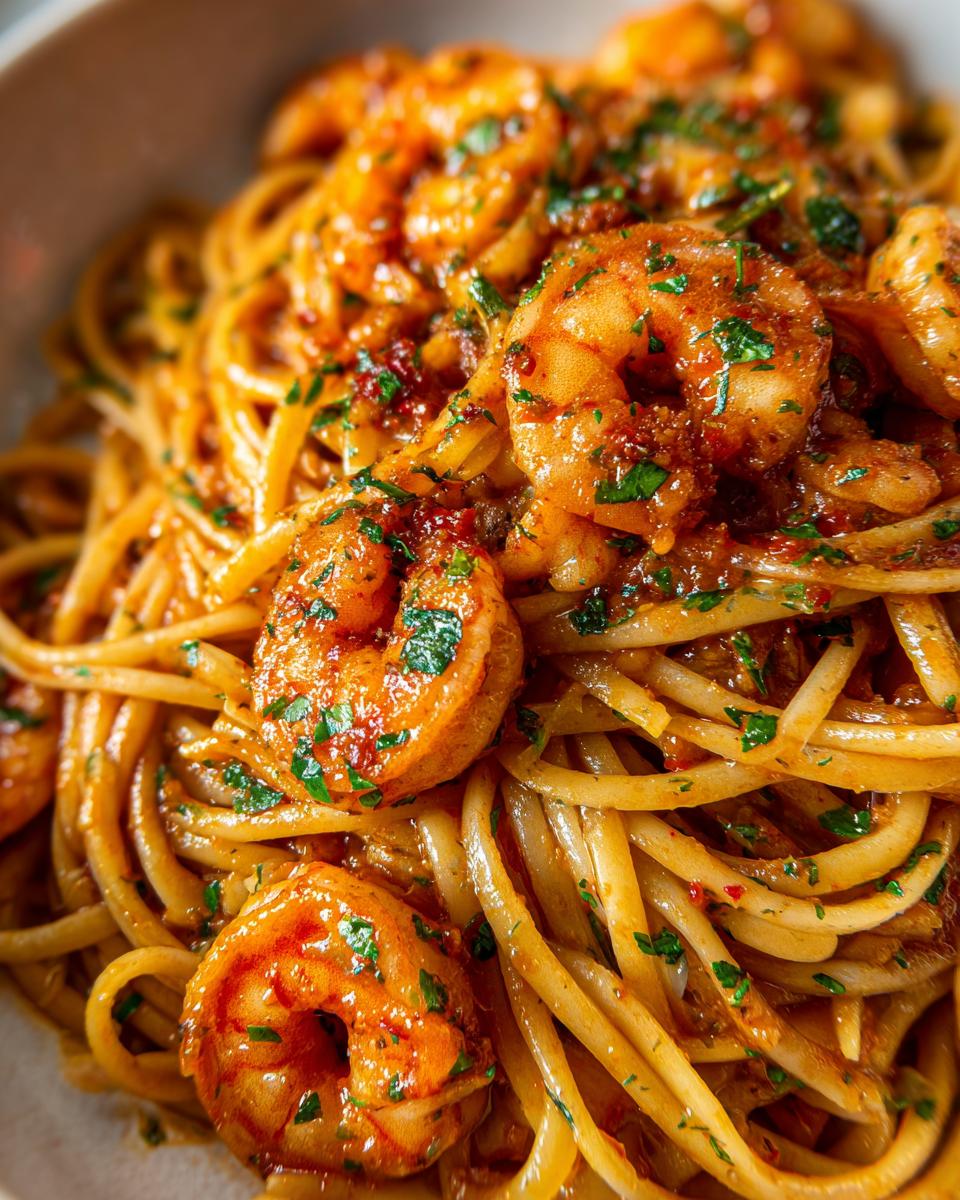 Close-up of Garlic Shrimp Pasta with linguine, plump shrimp, garlic sauce, and fresh parsley.