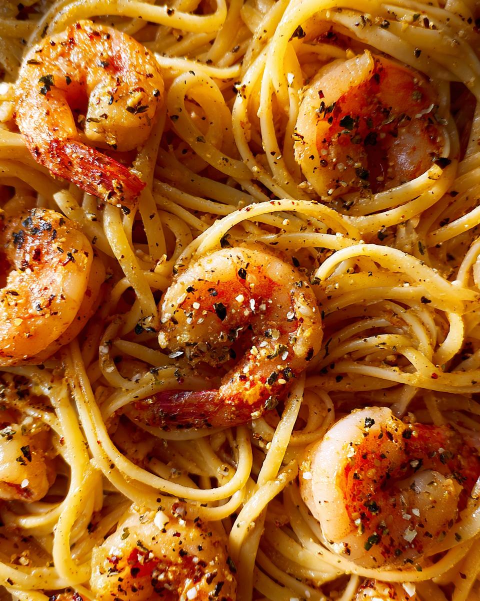 Detailed close-up of Garlic Shrimp Pasta with perfectly cooked shrimp and seasoned pasta.