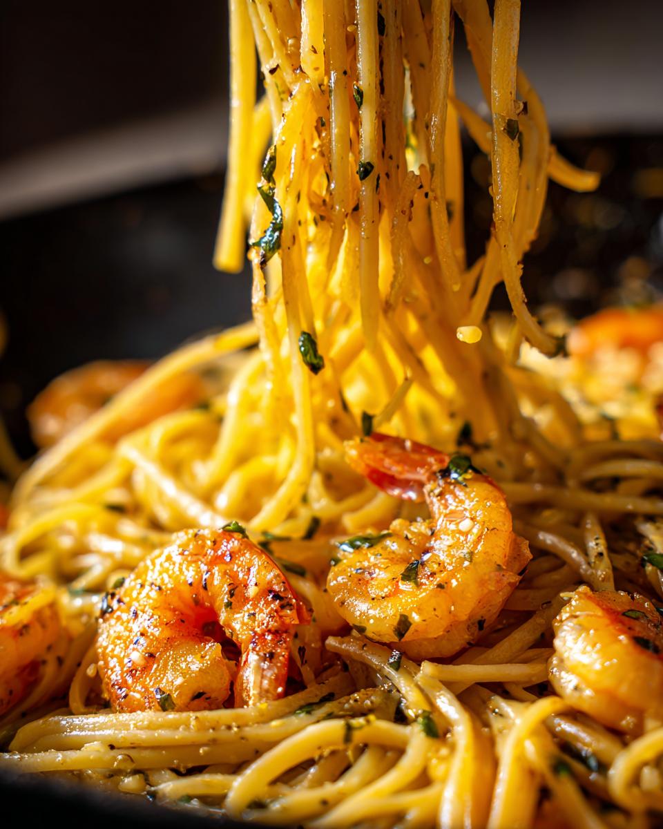 Close-up of Garlic Shrimp Pasta with perfectly cooked shrimp and spaghetti, garnished with herbs.
