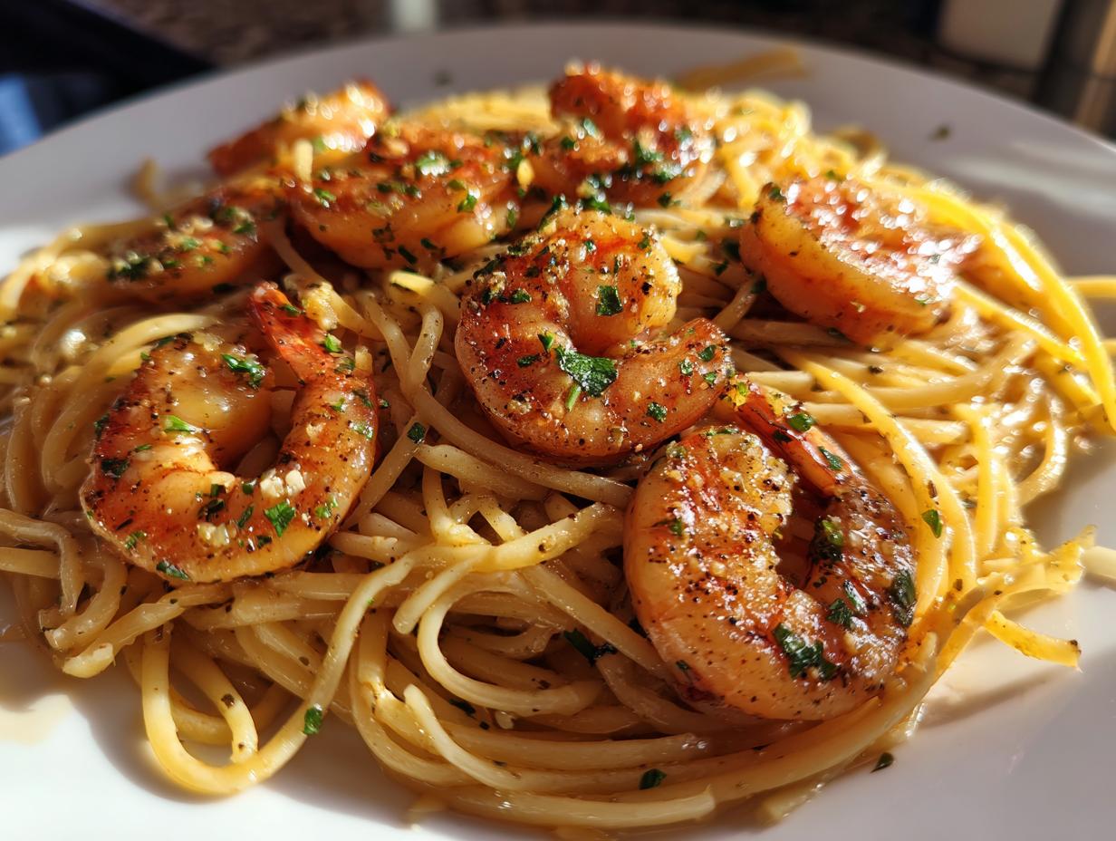 Overhead shot of Garlic Shrimp Pasta featuring perfectly cooked shrimp and spaghetti, garnished with parsley.