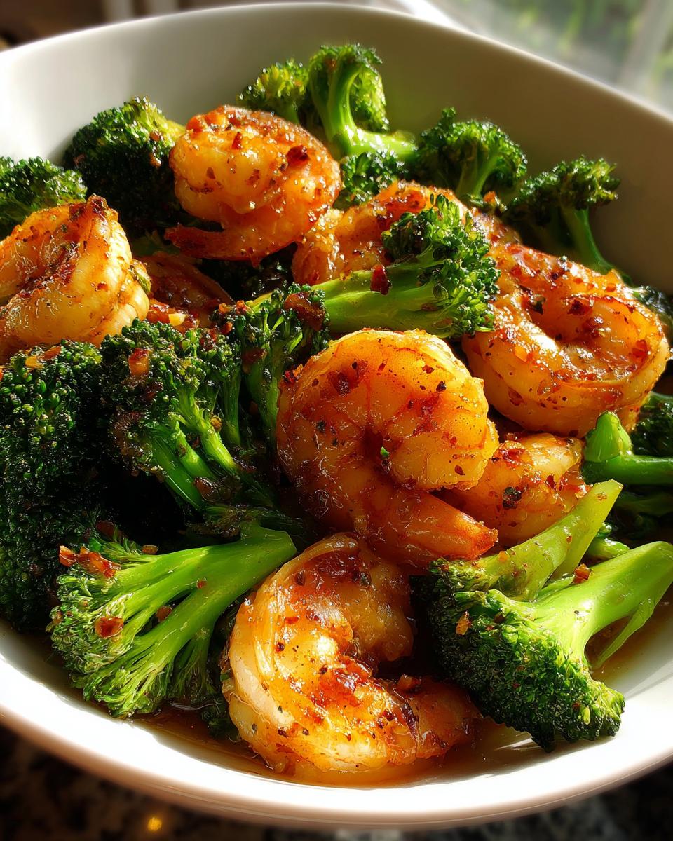 A bowl of flavorful Garlic Shrimp with Broccoli, featuring perfectly cooked shrimp and vibrant green broccoli florets.
