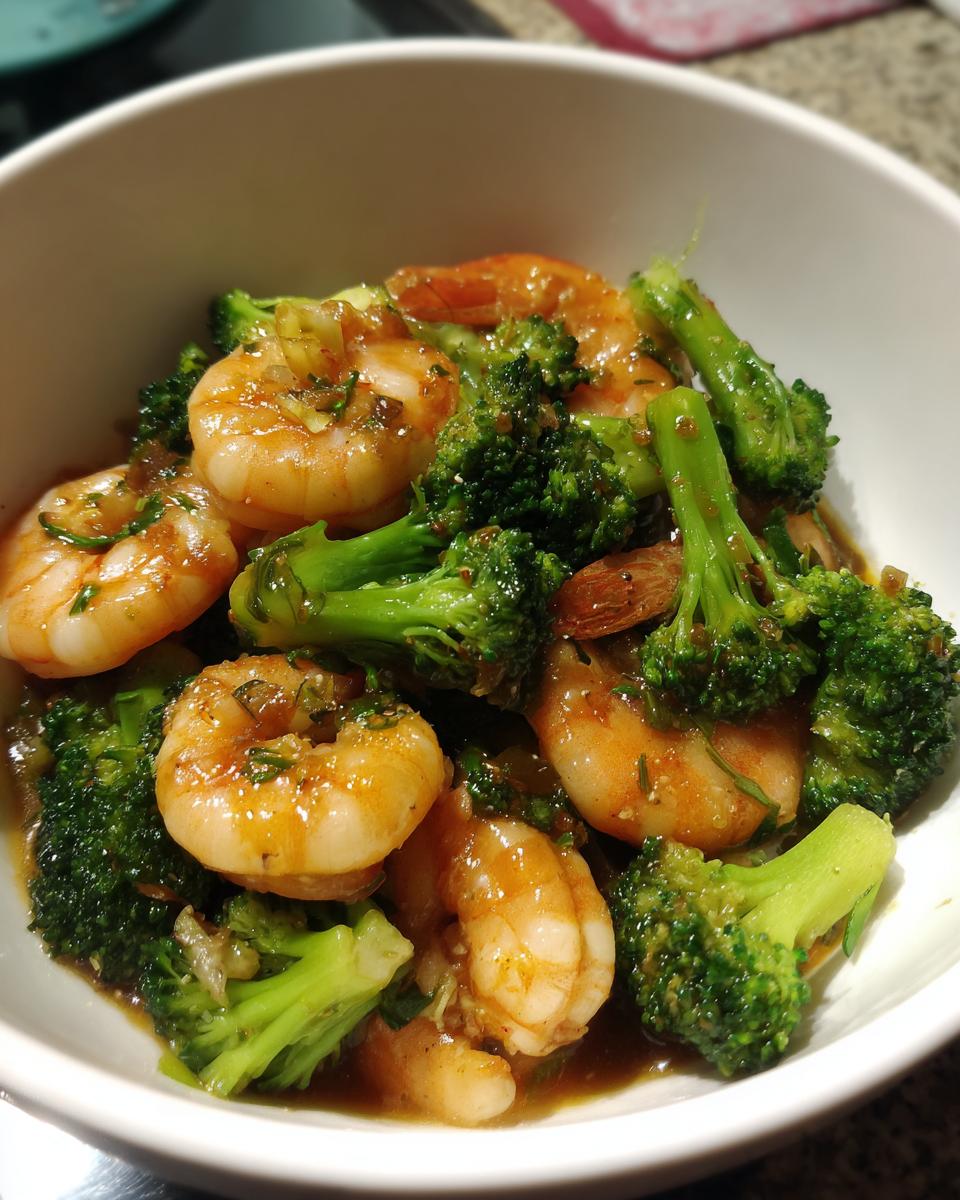 A bowl of delicious Garlic Shrimp with Broccoli, coated in a savory sauce and garnished with herbs.