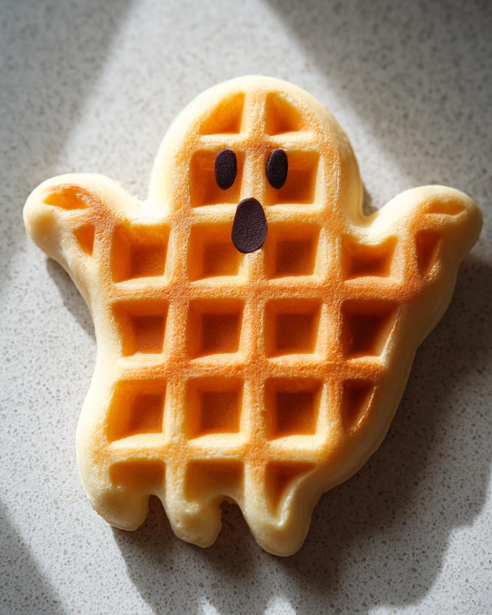 Overhead view of a Ghost-Shaped Waffle with chocolate chip eyes and mouth, perfect for Halloween morning.