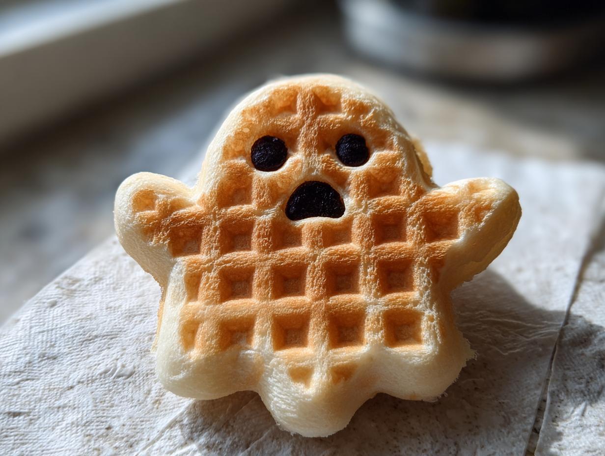 A single Ghost-Shaped Waffle for Halloween Morning, decorated with raisin eyes and mouth, sits on a napkin.