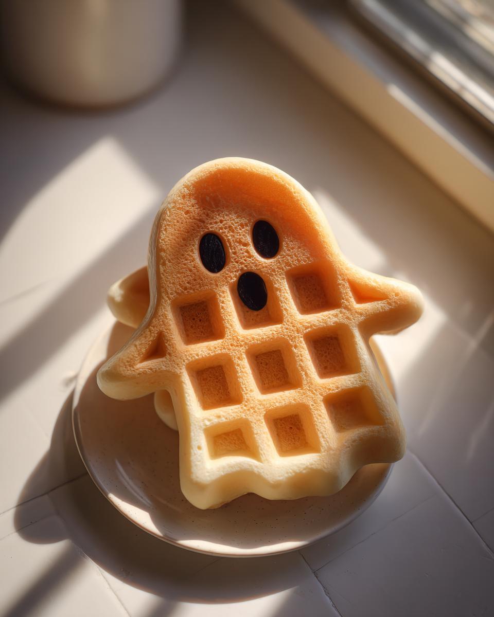 Stack of Ghost-Shaped Waffles for Halloween Morning, decorated with black eyes, on a white plate.