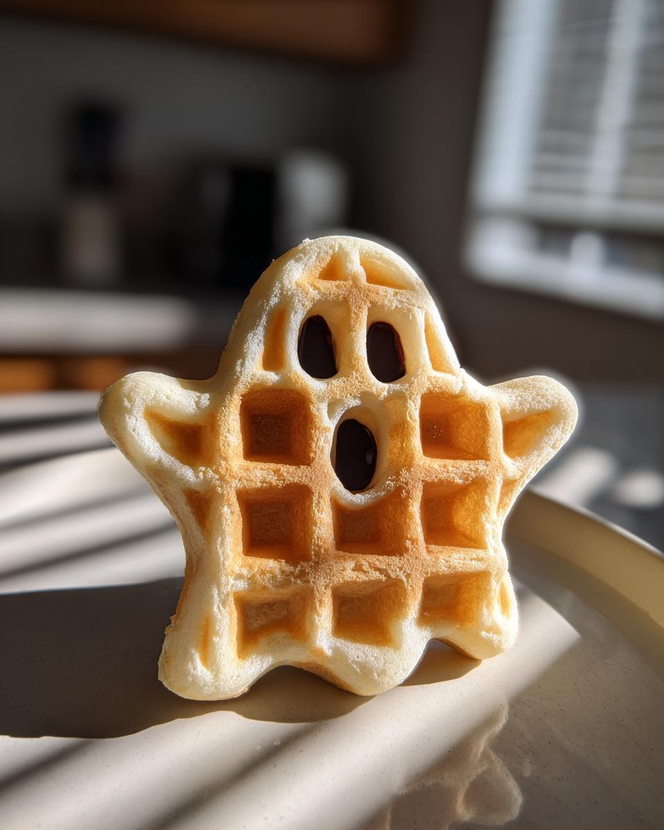 A single ghost-shaped waffle on a plate, perfect for Halloween morning. The Ghost-Shaped Waffles have chocolate chip eyes and mouth.