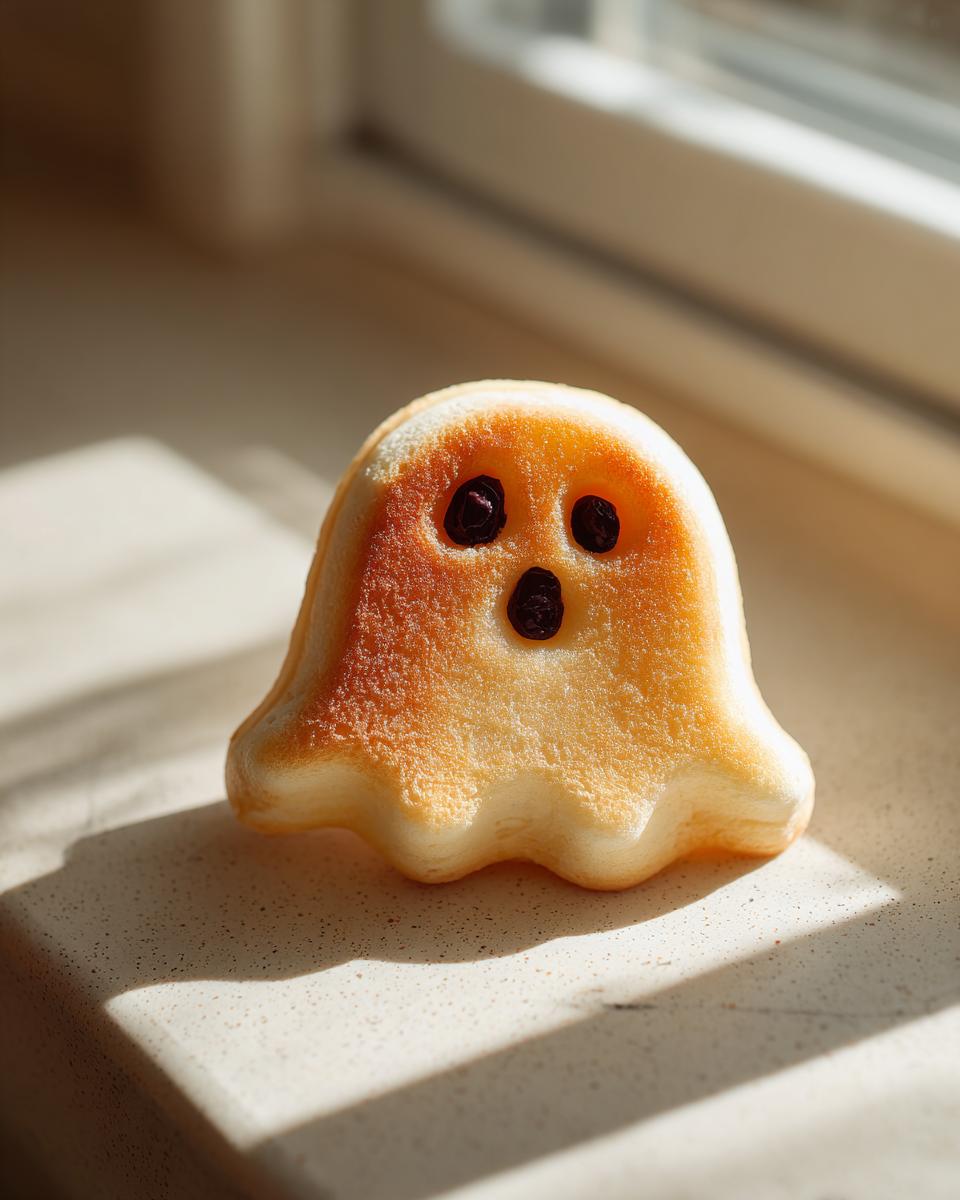 A single ghost-shaped waffle with raisin eyes and mouth, perfect for Halloween morning.