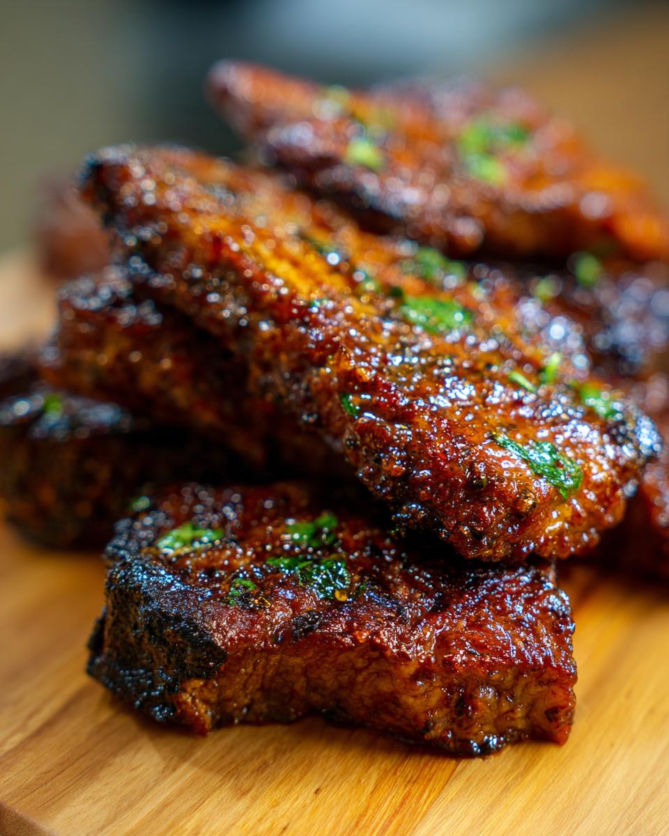 Close-up of glazed tempeh pieces, a great addition to Protein-Packed Lunch Boxes, on a wooden board, garnished with herbs.