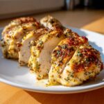 Close-up of sliced Greek Chicken Meal Prep, seasoned with herbs, on a white plate.