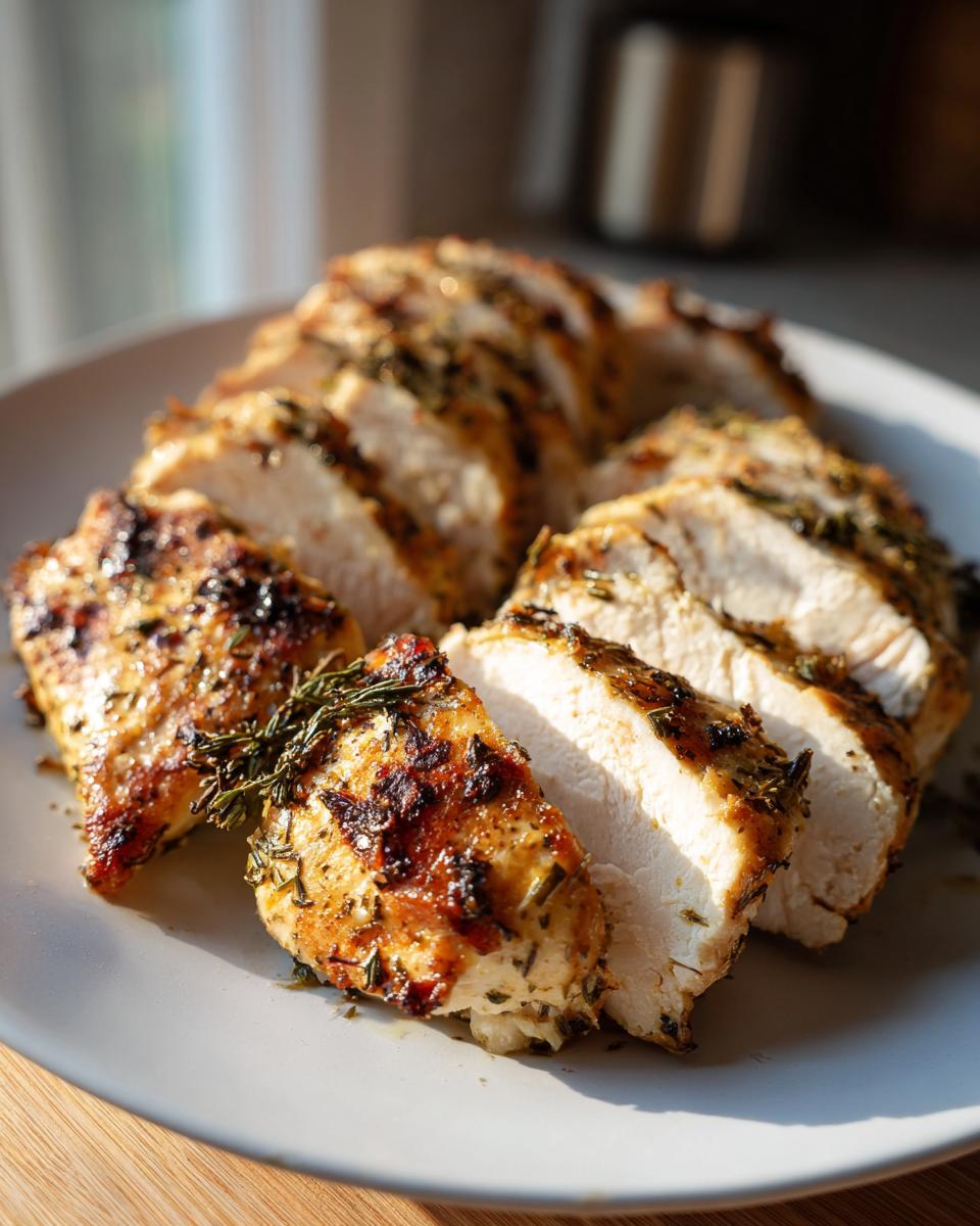 Close-up of sliced Greek Chicken Meal Prep on a plate, seasoned with herbs and spices.