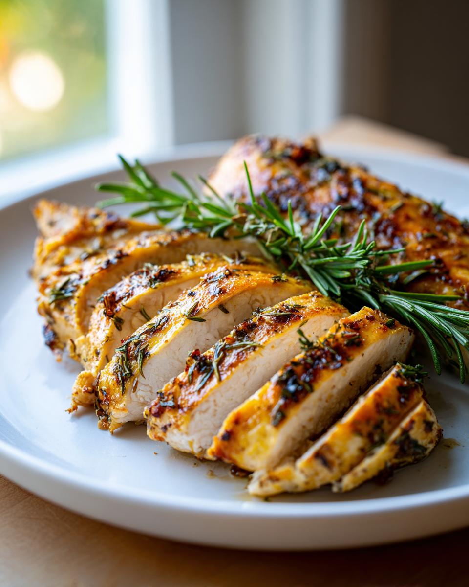 Close-up of sliced Greek Chicken Meal Prep on a white plate, garnished with fresh rosemary sprigs.