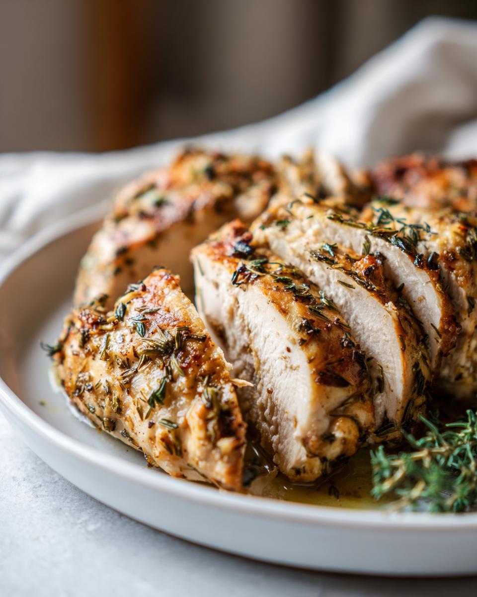 Close-up of sliced Greek Chicken Meal Prep on a white plate, garnished with herbs.