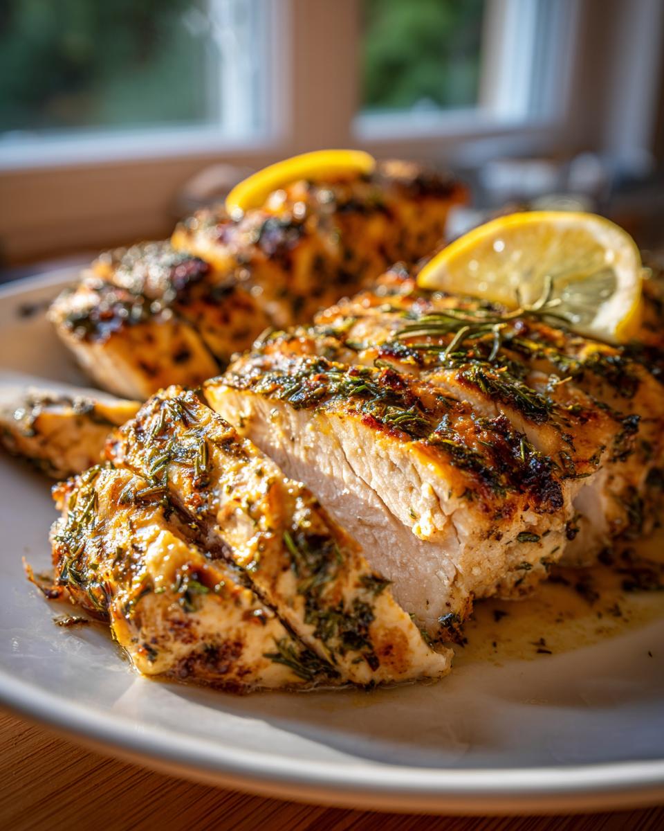 Close-up of sliced Greek Chicken Meal Prep with lemon and herbs on a white plate.