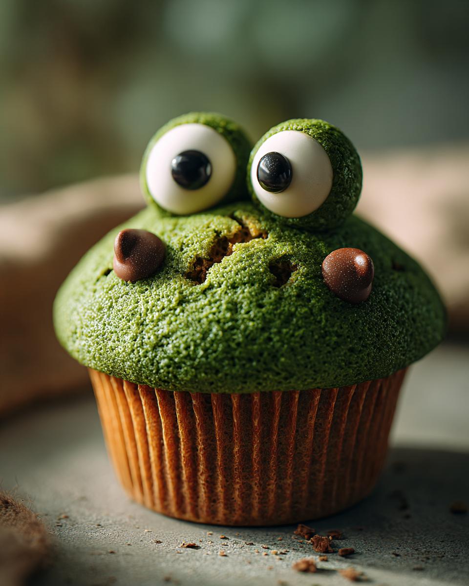 A fun green Monster Muffins for Kids, decorated with candy eyes and chocolate chips.