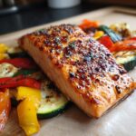 A close-up of grilled salmon with veggies, including zucchini and bell peppers, on a wooden board.