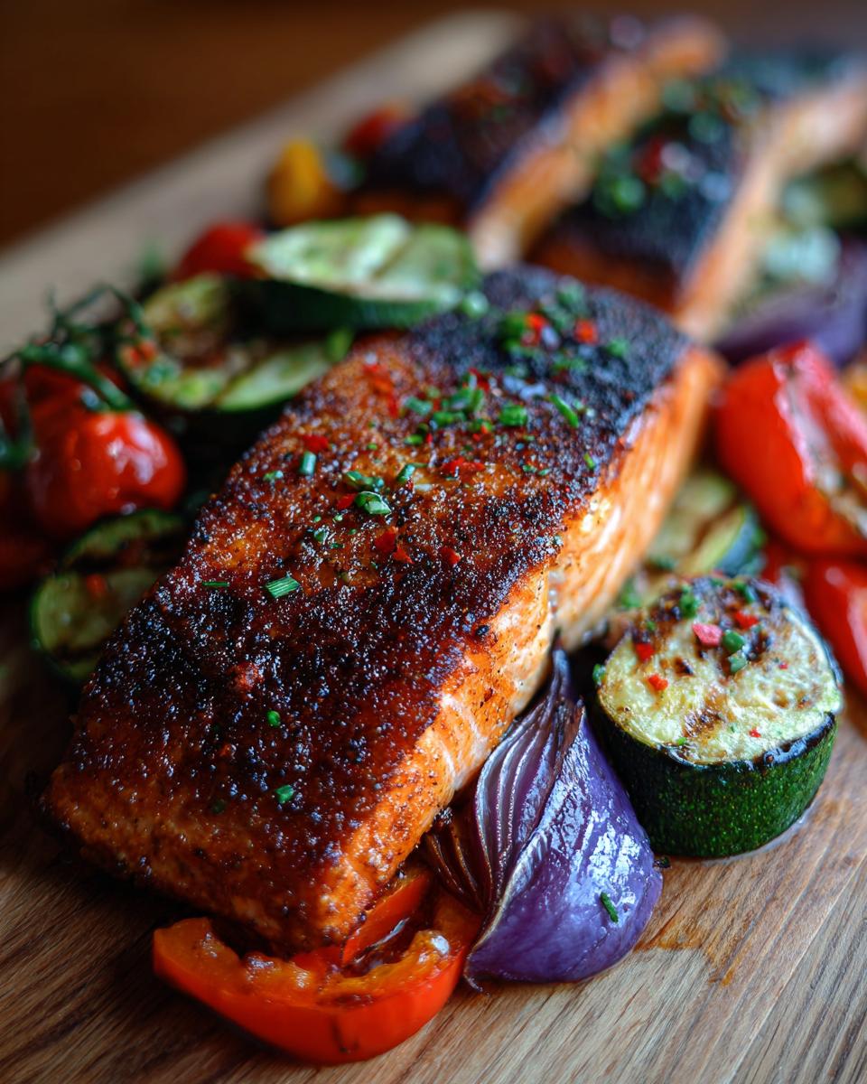 Close-up of Grilled Salmon with Veggies, including zucchini, peppers, and red onion, on a wooden board.