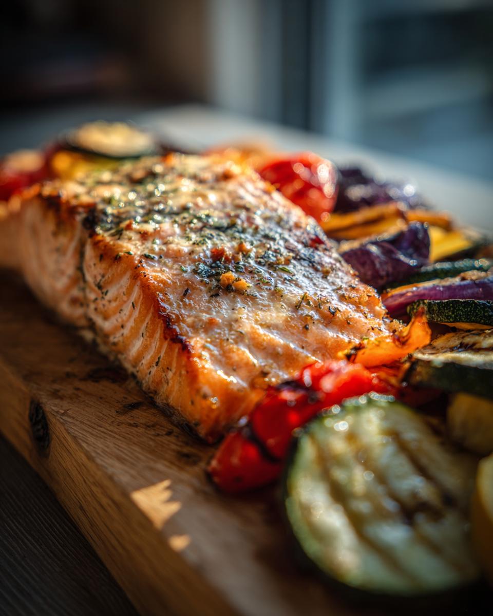 A perfectly cooked piece of Grilled Salmon with Veggies, including zucchini, tomatoes and onions.