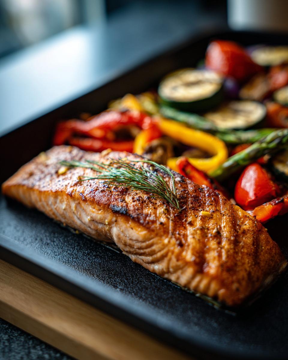 A perfectly cooked piece of Grilled Salmon with Veggies, including zucchini, peppers, and asparagus, on a black platter.