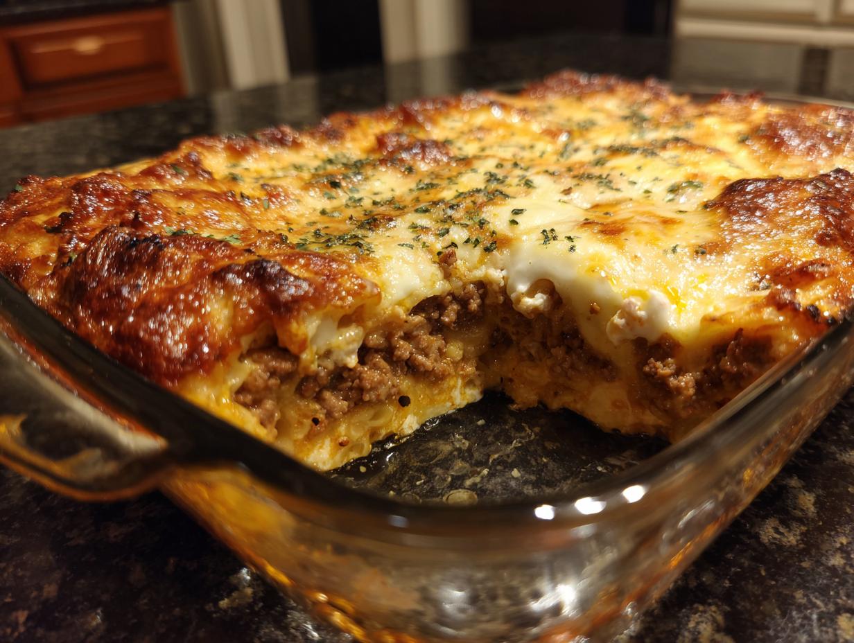 Close-up of a freshly baked Ground Beef Casserole in a glass baking dish, showing layers of beef and cheesy topping.