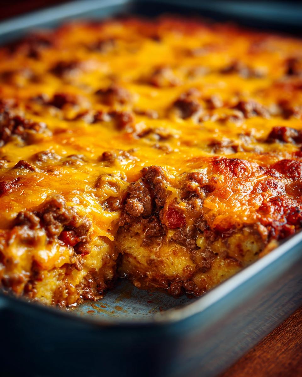 Close-up of a cheesy ground beef casserole in a baking dish, showing layers of beef and a golden-brown cheese topping.