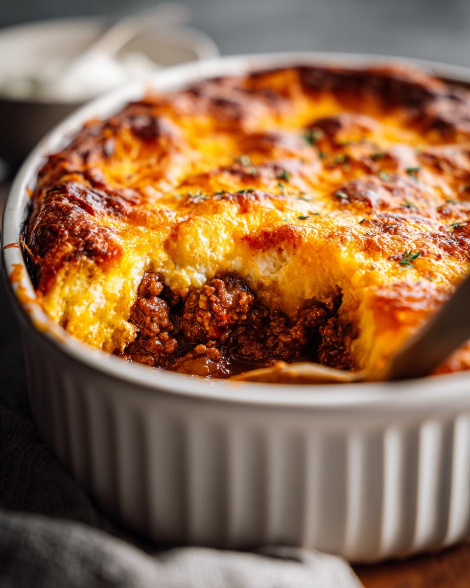 Close-up of a freshly baked ground beef casserole in a white dish with a golden topping.