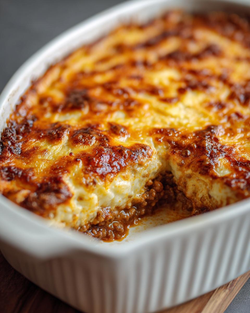 A freshly baked ground beef casserole in a white baking dish, showing layers of meat and a golden-brown topping.