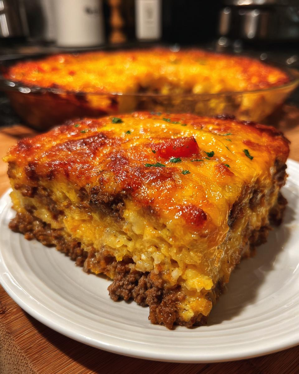 A slice of Ground Beef Casserole on a white plate, showcasing layers of ground beef, rice, and a cheesy topping.