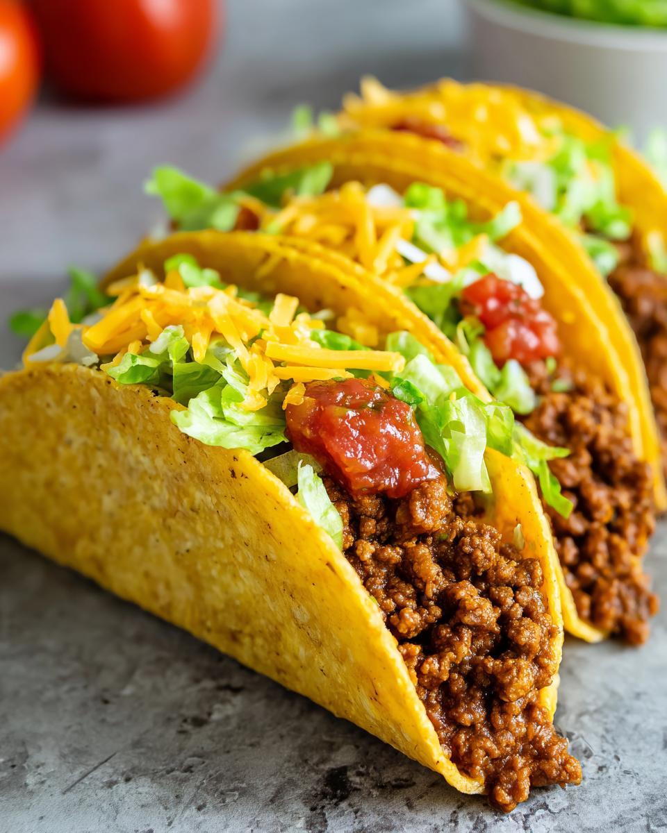 Close-up of three Ground Beef Tacos filled with seasoned ground beef, lettuce, cheese, and salsa.