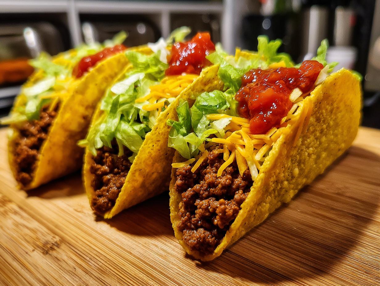 Three ground beef tacos filled with seasoned meat, lettuce, cheese, and salsa on a wooden board.