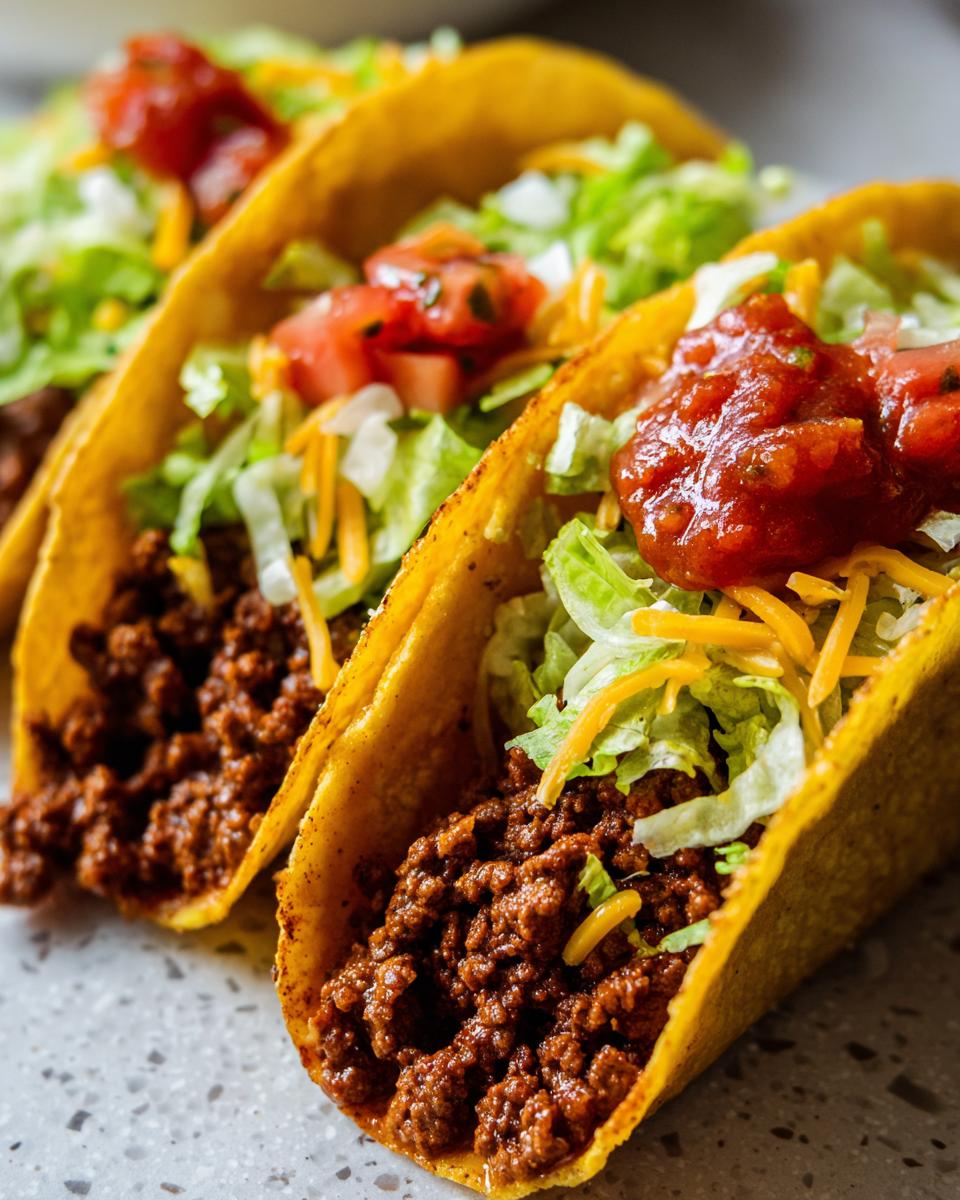 Three Ground Beef Tacos filled with seasoned ground beef, lettuce, cheese, and salsa.