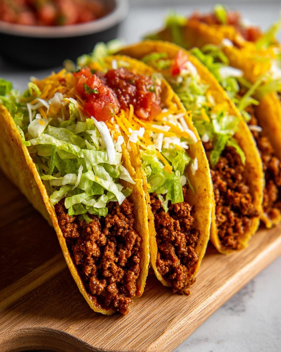 Close-up of several Ground Beef Tacos filled with seasoned ground beef, lettuce, cheese, and salsa on a wooden board.