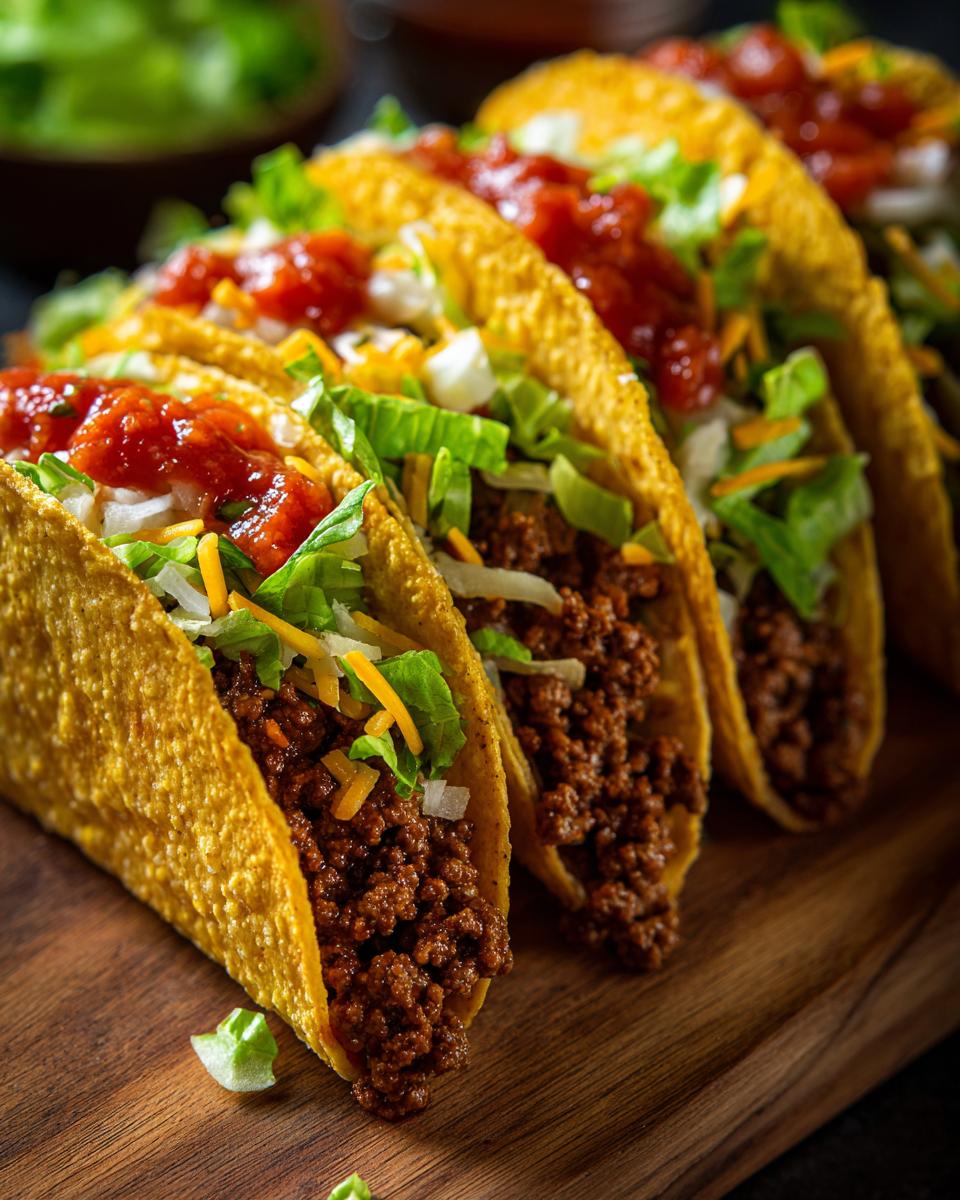 Close-up of four ground beef tacos with lettuce, cheese, salsa, and onions on a wooden board.
