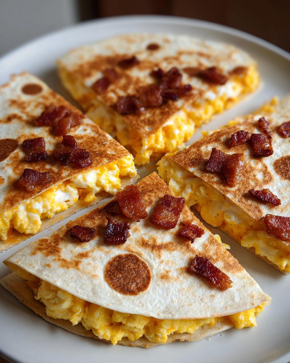 Four slices of a Halloween Breakfast Quesadilla topped with crispy bacon pieces on a white plate.