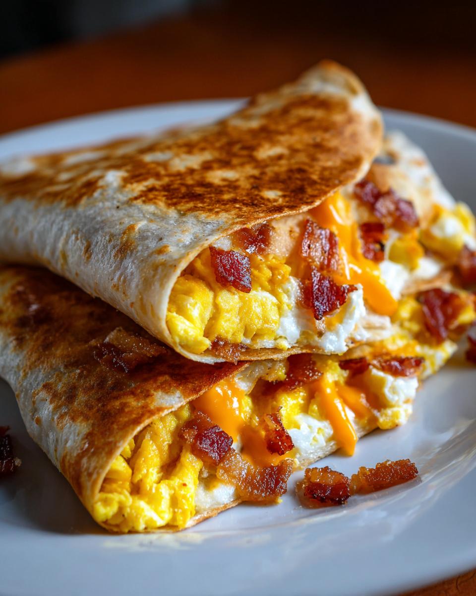 Two Halloween Breakfast Quesadilla stacked on a plate, filled with scrambled eggs, bacon, and melted cheese.