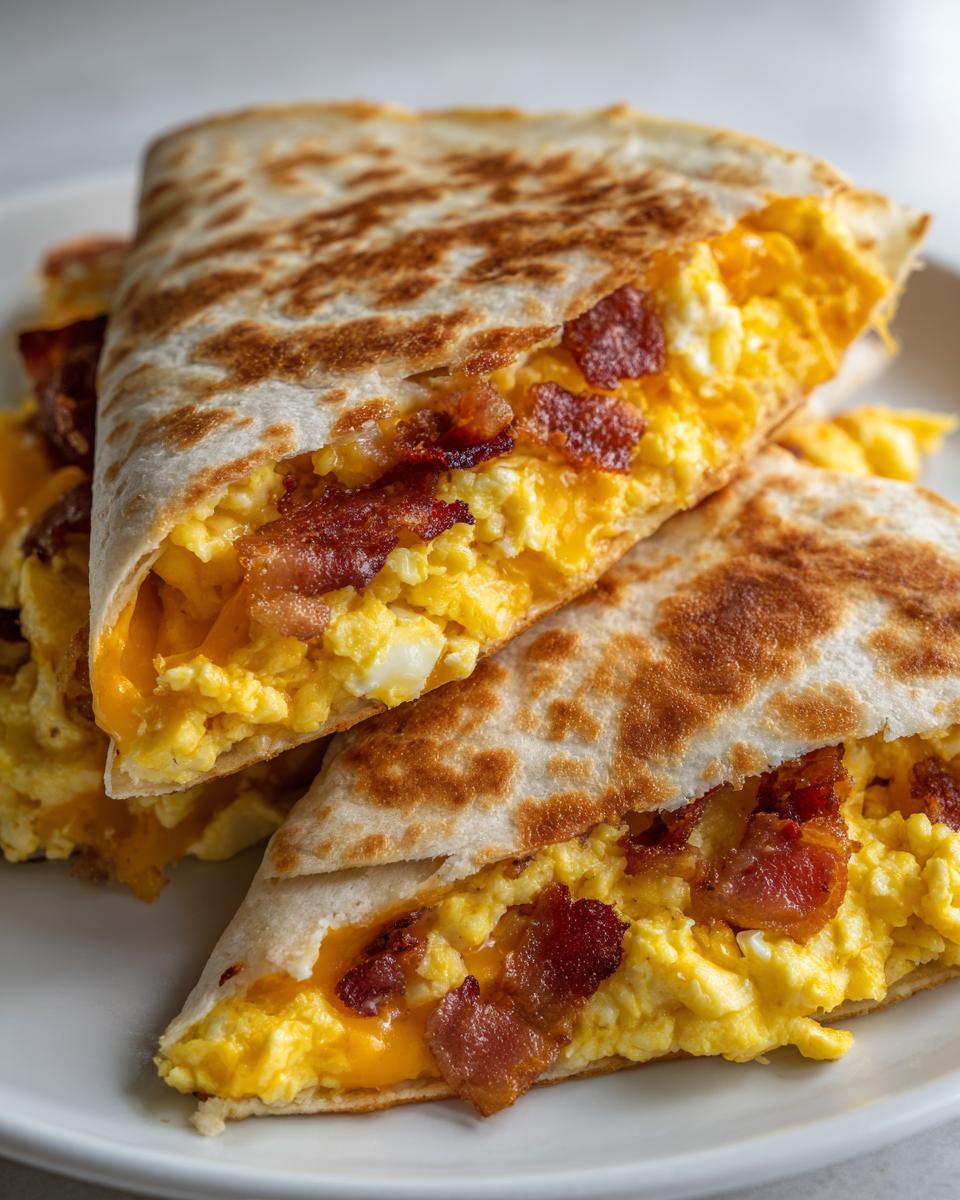 A stacked Halloween Breakfast Quesadilla filled with scrambled eggs, cheese, and crispy bacon.