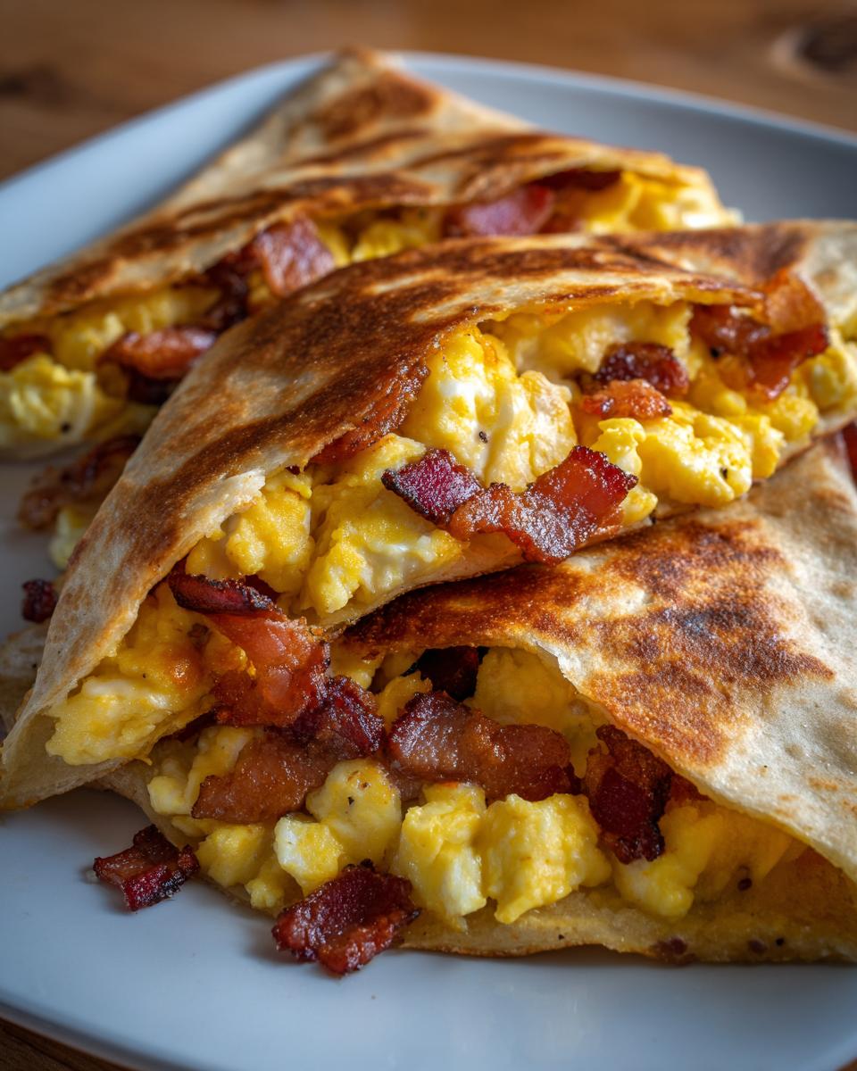 Stack of Halloween Breakfast Quesadilla triangles filled with scrambled eggs and crispy bacon.