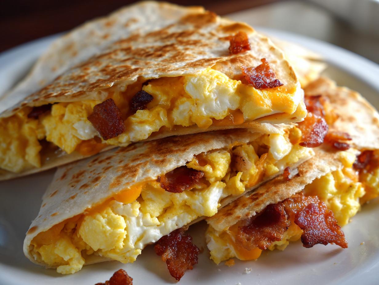 Stack of Halloween Breakfast Quesadilla featuring eggs, cheese, and crispy bacon.