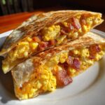 Two halves of a Halloween Breakfast Quesadilla Recipe filled with scrambled eggs and bacon on a white plate.