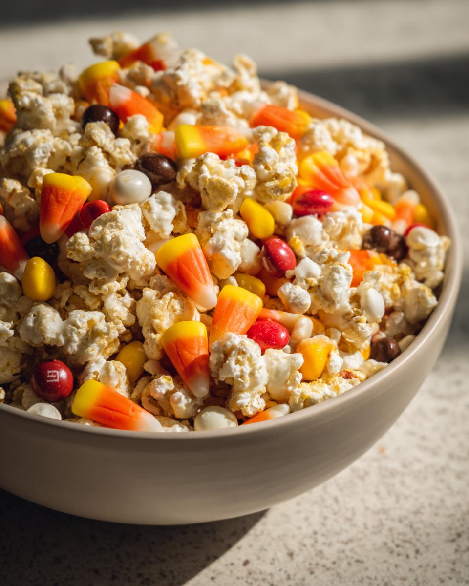 Close-up of a bowl filled with Easy Halloween Cereal Snack Mix, featuring popcorn, candy corn, and colorful chocolate candies.