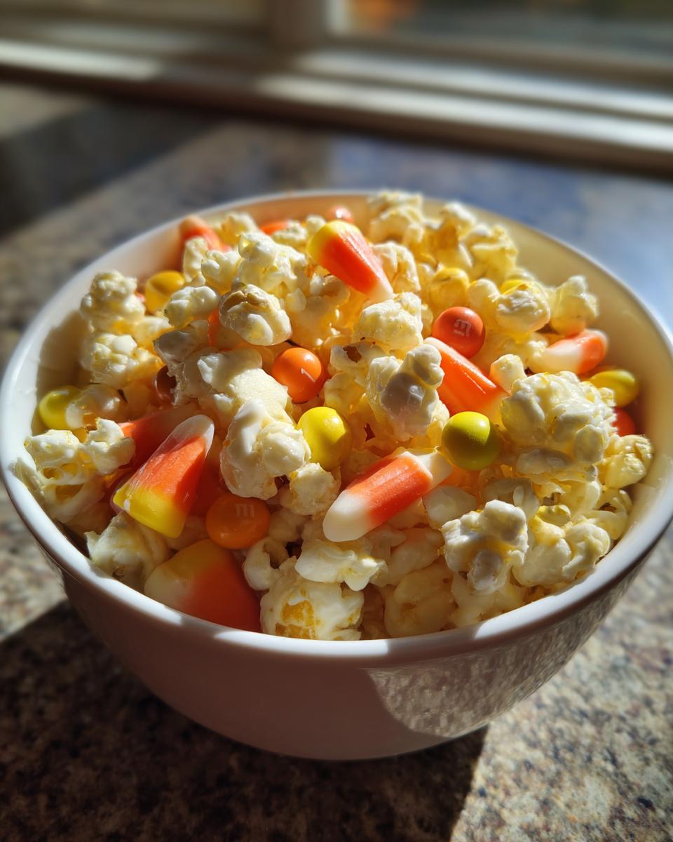 A bowl of Easy Halloween Cereal Snack Mix with popcorn, candy corn, and M&Ms.