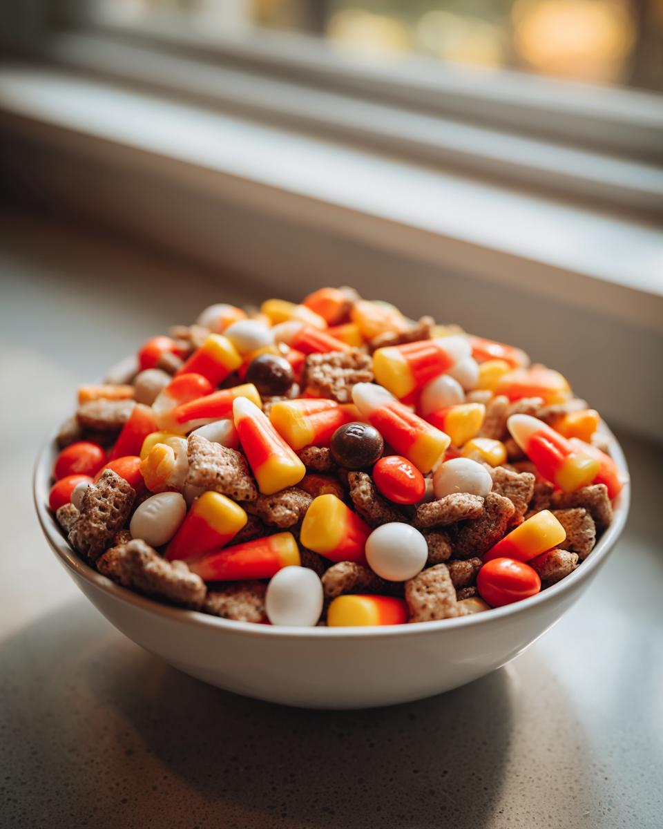 A bowl filled with Easy Halloween Cereal Snack Mix, including cereal, candy corn, and chocolate candies.