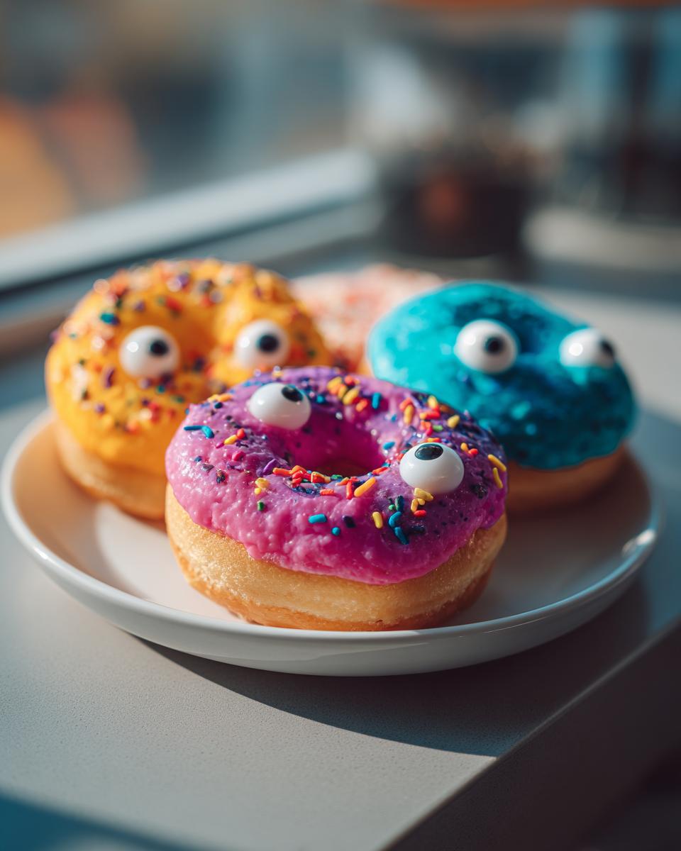 A plate of festive Halloween Donuts with colorful frosting, sprinkles, and candy eyes.